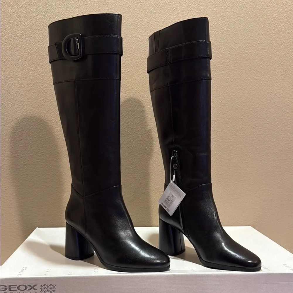 Geox Black Heeled Italian Leather Riding Boots Sleek Design US 8.5 - Picture 1 of 15